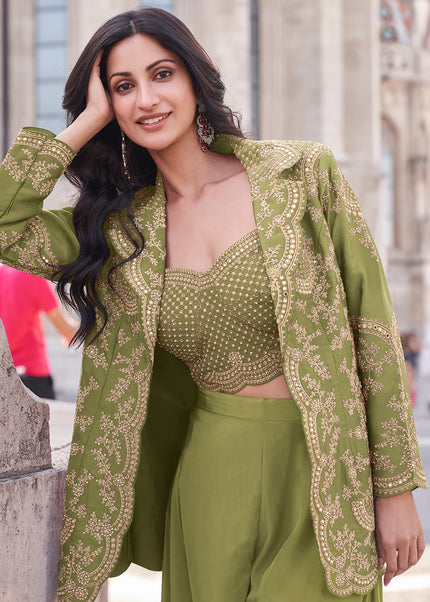 Green Embroidered Jacket Style Sharara Suit