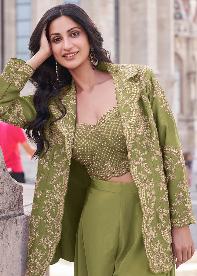 Green Embroidered Jacket Style Sharara Suit