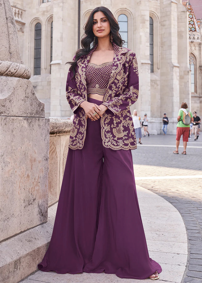 Purple Embroidered Jacket Style Sharara Suit