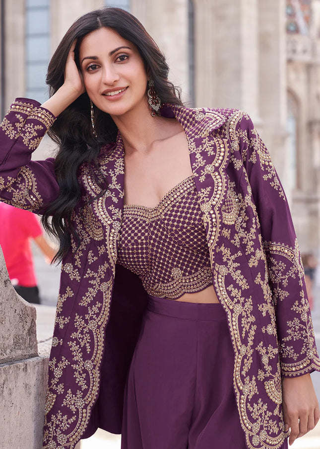 Purple Embroidered Jacket Style Sharara Suit