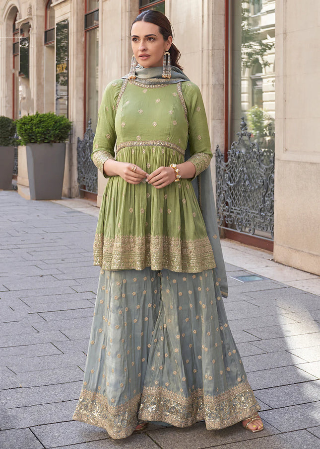 Green and Grey Embroidered Sharara Suit