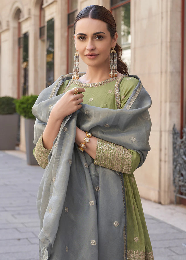 Green and Grey Embroidered Sharara Suit