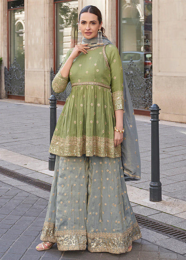 Green and Grey Embroidered Sharara Suit