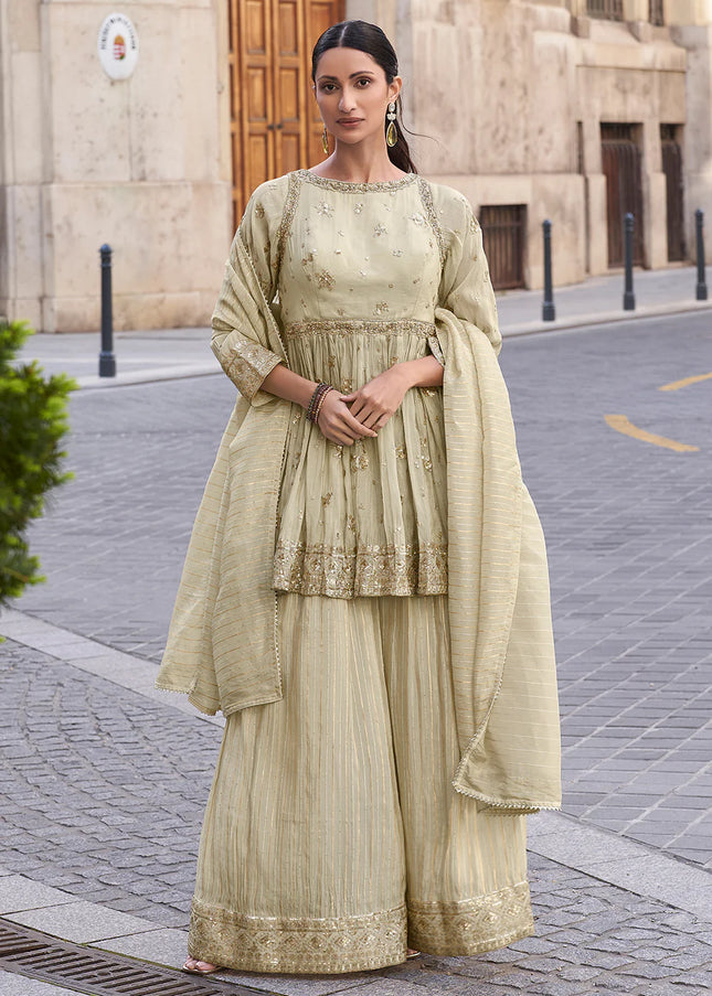 Offwhite Beige Embroidered Sharara Suit