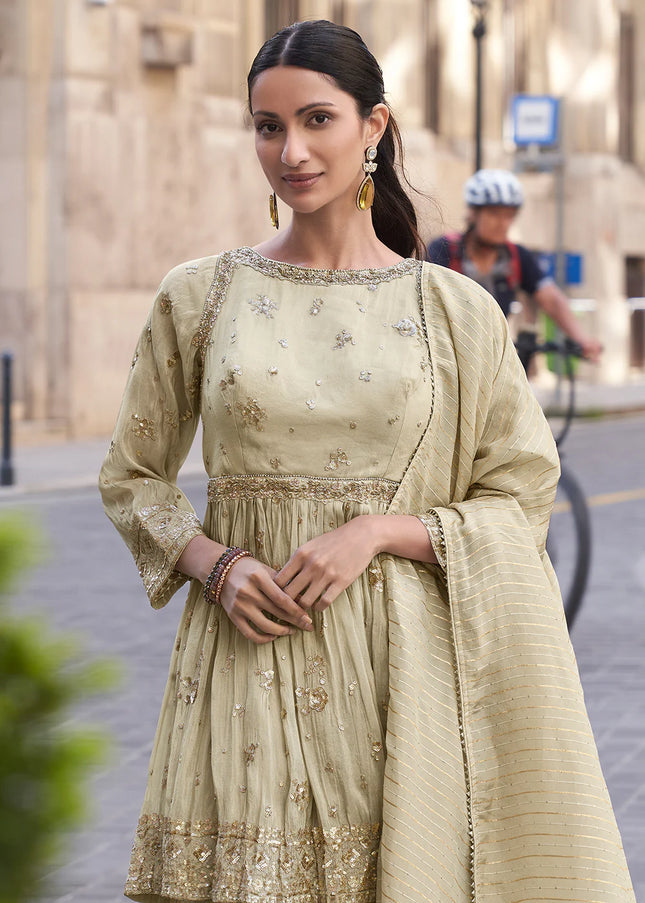 Offwhite Beige Embroidered Sharara Suit