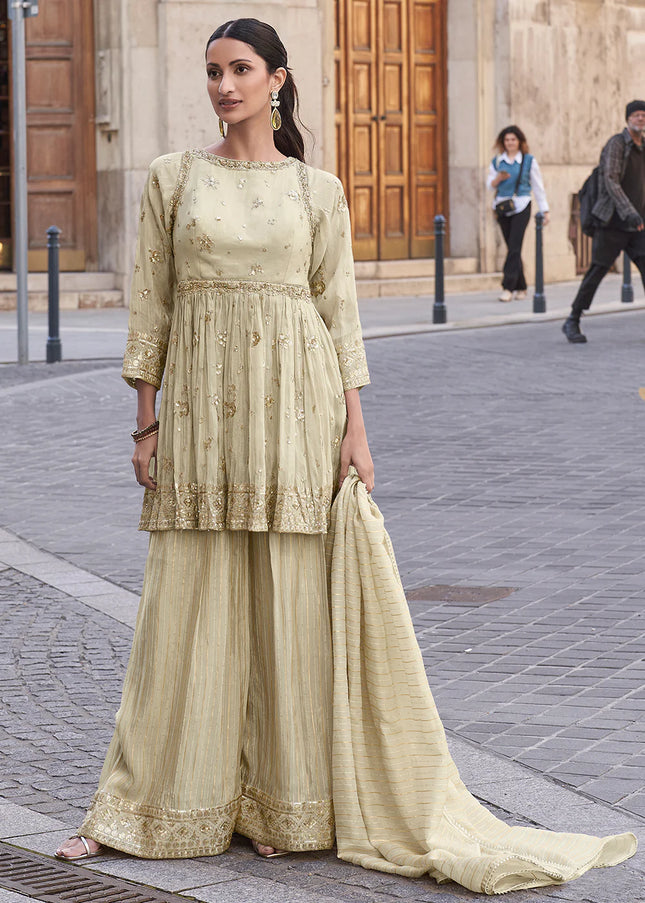 Offwhite Beige Embroidered Sharara Suit