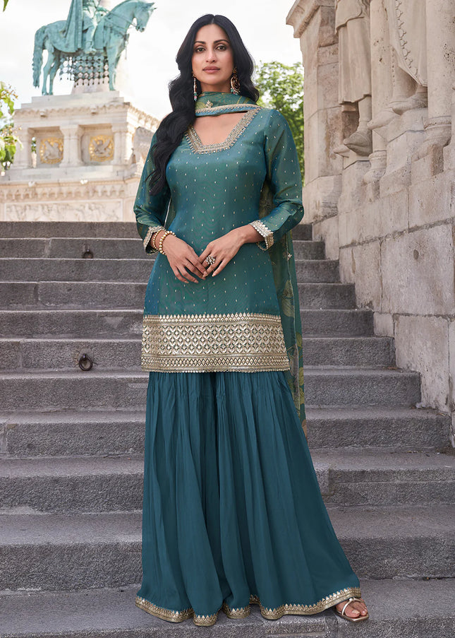 Teal Embroidered Gharara Suit