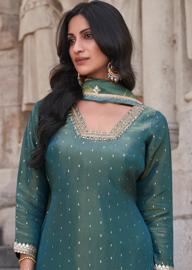Teal Embroidered Gharara Suit
