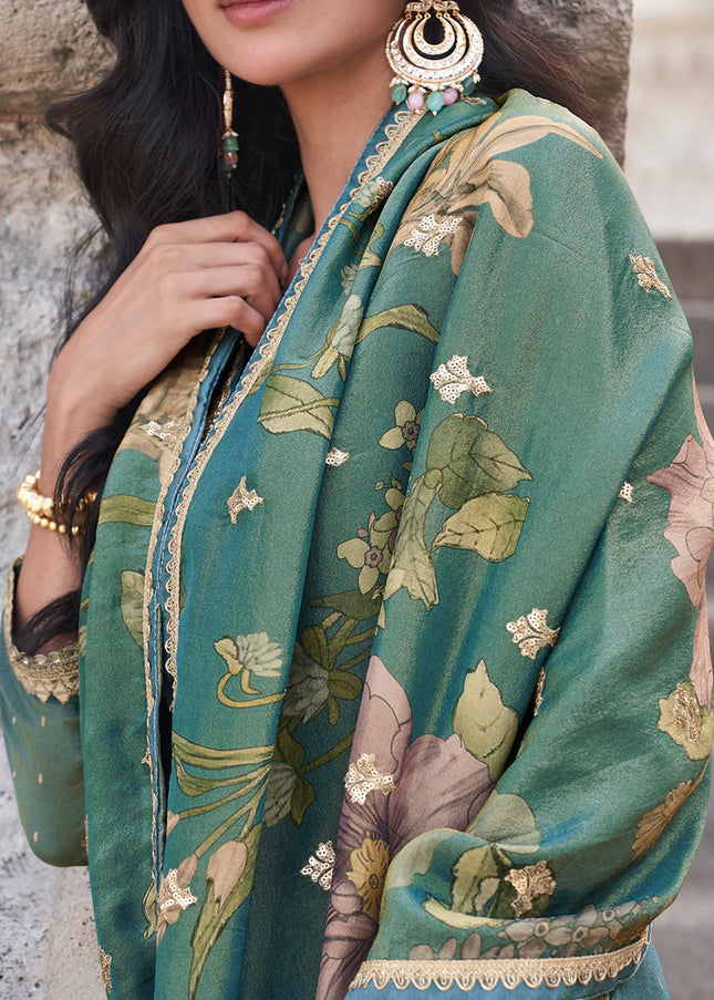 Teal Embroidered Gharara Suit