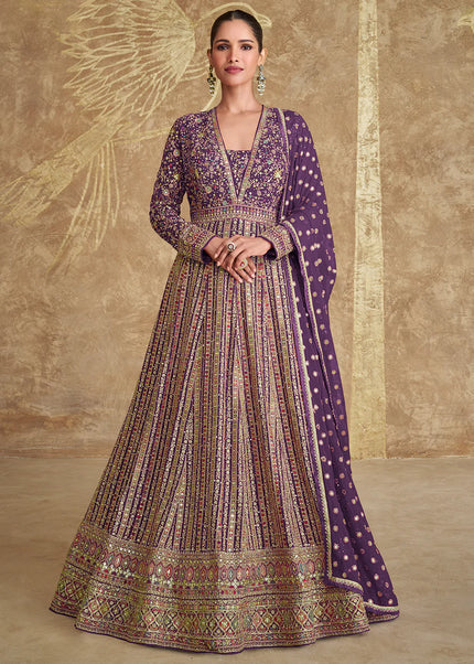 Purple Embroidered Anarkali Gown