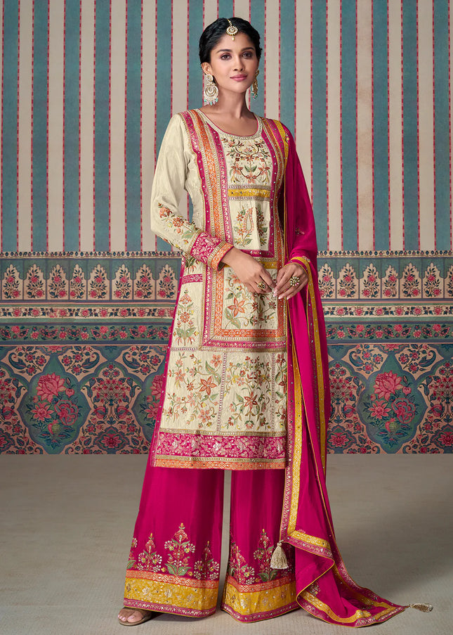 Cream and Pink Embroidered Palazzo Suit