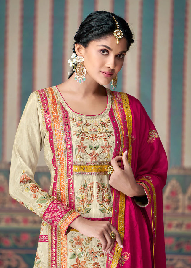 Cream and Pink Embroidered Palazzo Suit