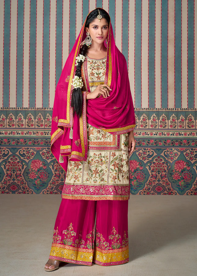 Cream and Pink Embroidered Palazzo Suit