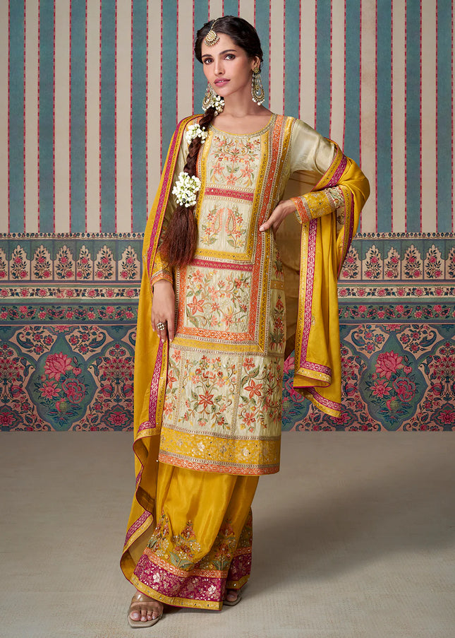 Cream and Yellow Embroidered Palazzo Suit