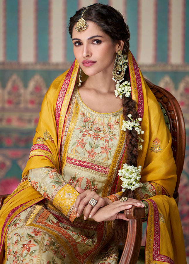 Cream and Yellow Embroidered Palazzo Suit