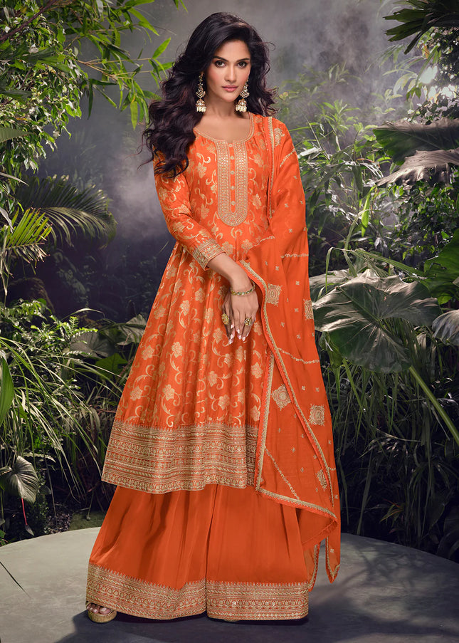 Orange Embroidered Sharara Suit