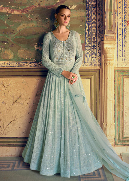 Sky Blue Chikankari Embroidered Anarkali Gown