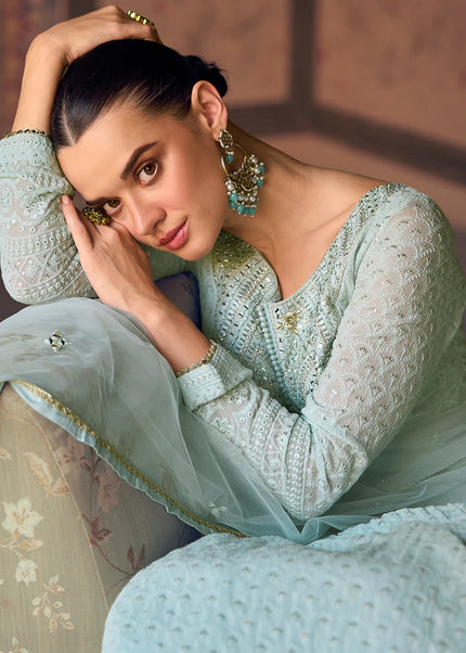 Sky Blue Chikankari Embroidered Anarkali Gown