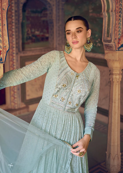 Sky Blue Chikankari Embroidered Anarkali Gown