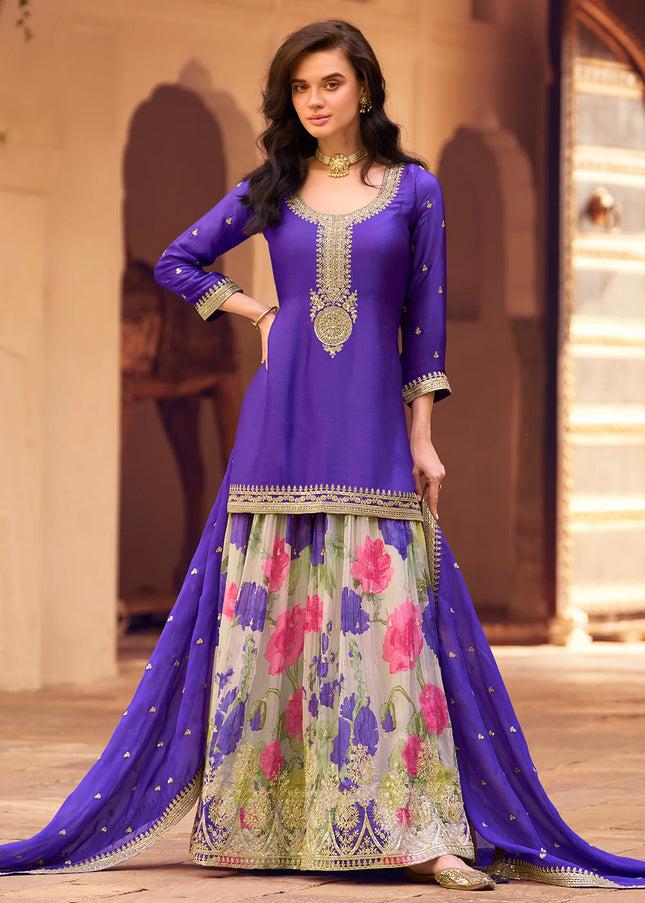 Purple Embroidered Sharara Suit