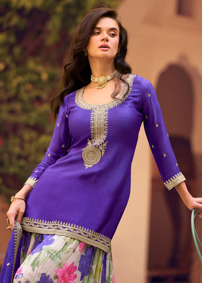 Purple Embroidered Sharara Suit