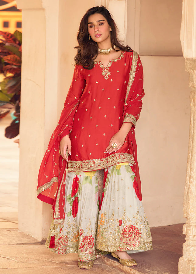 Red Embroidered Gharara Suit