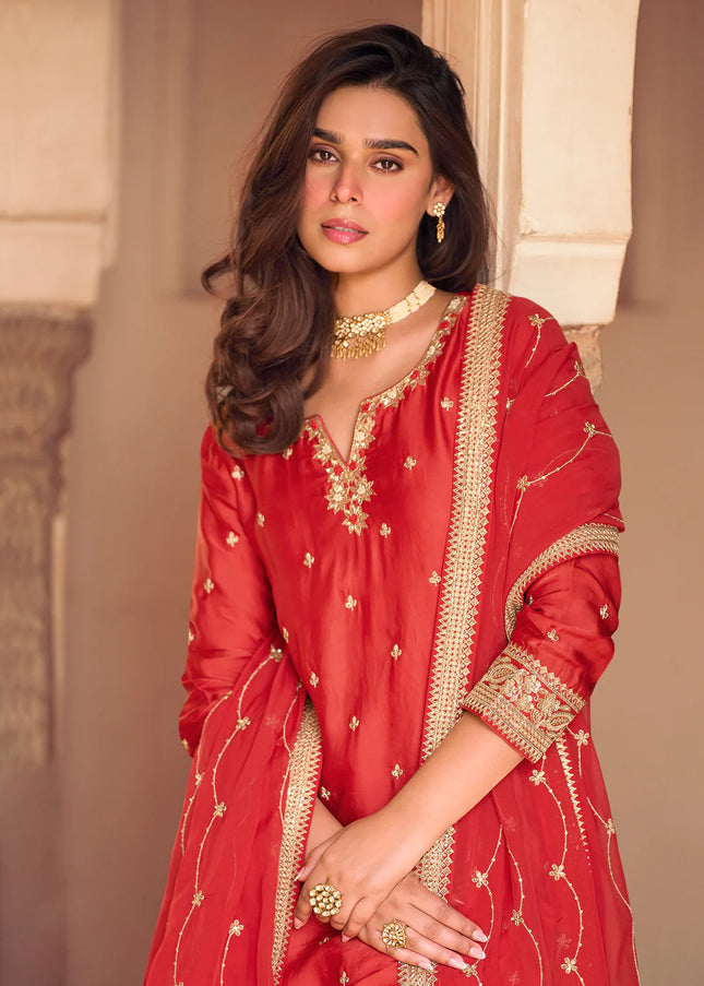 Red Embroidered Gharara Suit