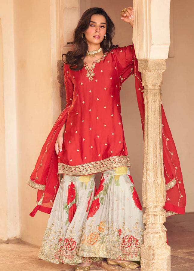 Red Embroidered Gharara Suit