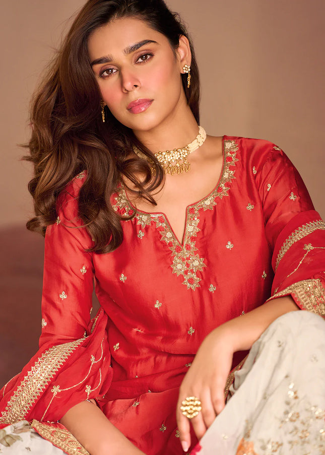 Red Embroidered Gharara Suit