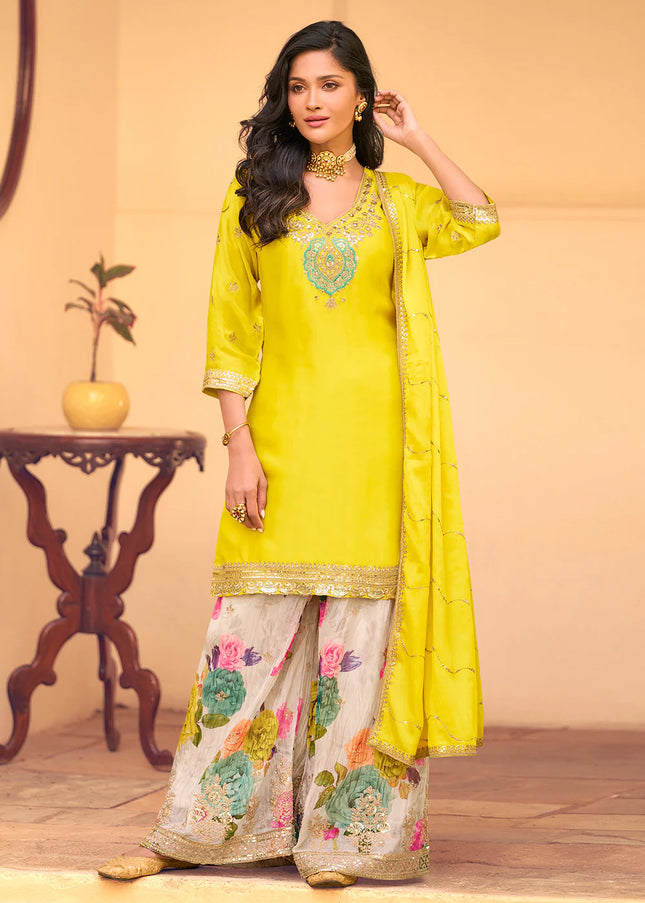 Yellow Embroidered Sharara Suit