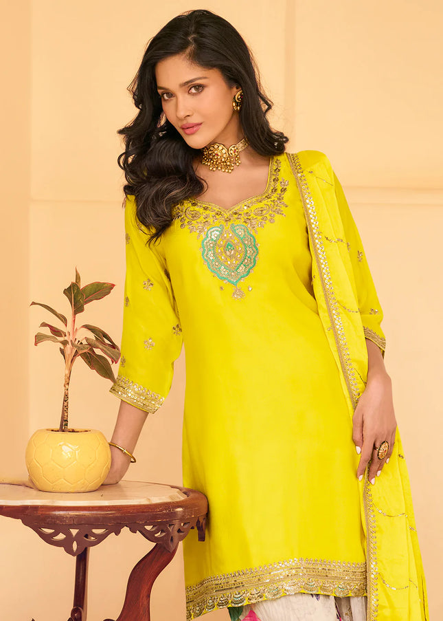 Yellow Embroidered Sharara Suit