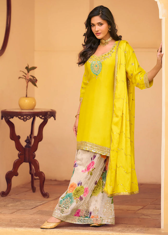Yellow Embroidered Sharara Suit