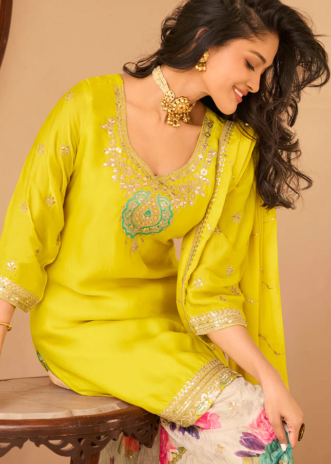 Yellow Embroidered Sharara Suit