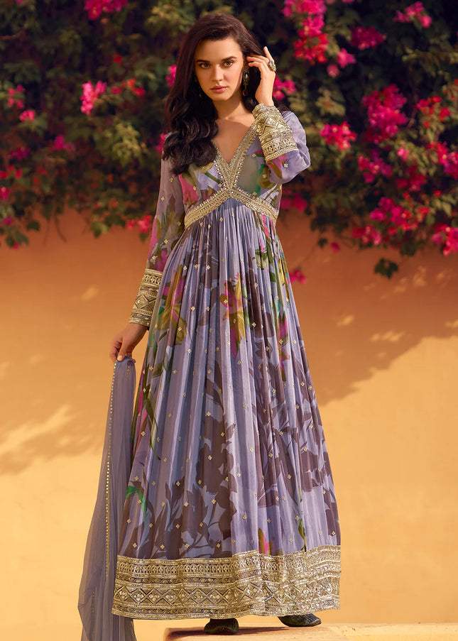 Lavender Floral Printed and Embroidered Anarkali Gown