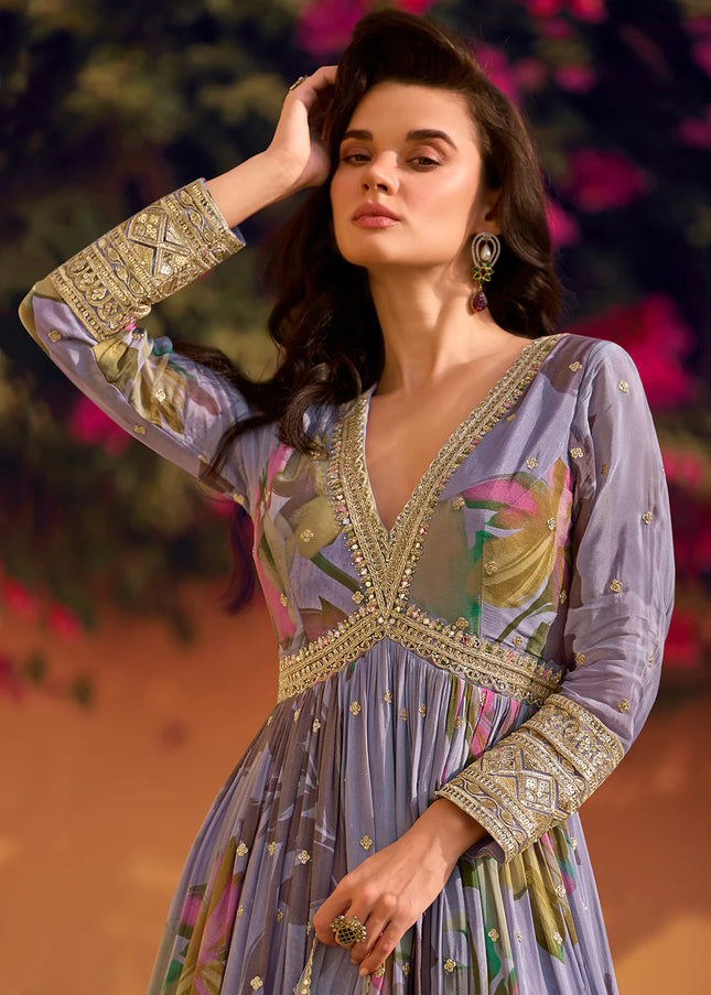 Lavender Floral Printed and Embroidered Anarkali Gown