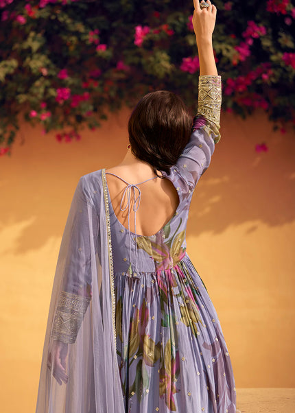 Lavender Floral Printed and Embroidered Anarkali Gown