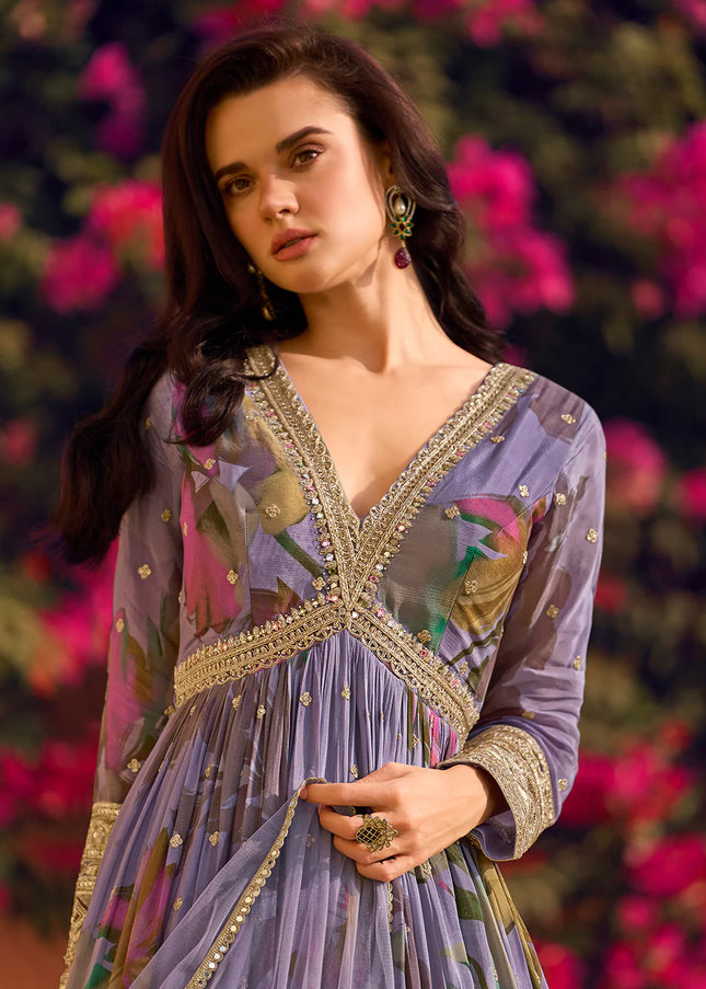 Lavender Floral Printed and Embroidered Anarkali Gown
