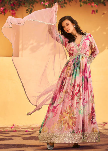Pink Floral Printed and Embroidered Anarkali Gown