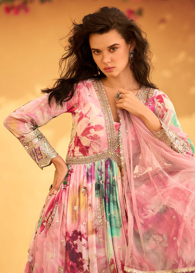 Pink Floral Printed and Embroidered Anarkali Gown