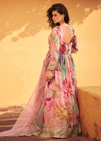 Pink Floral Printed and Embroidered Anarkali Gown