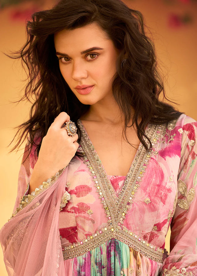 Pink Floral Printed and Embroidered Anarkali Gown