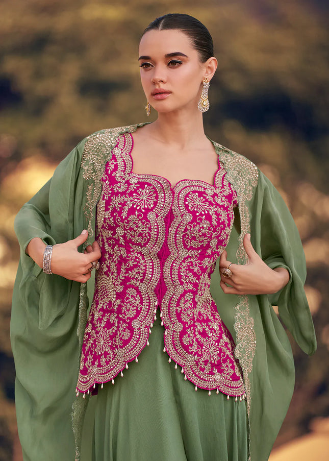 Green and Pink Embroidered Jacket Style Sharara Suit