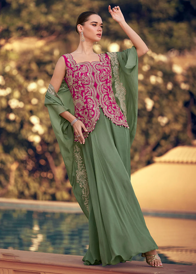 Green and Pink Embroidered Jacket Style Sharara Suit