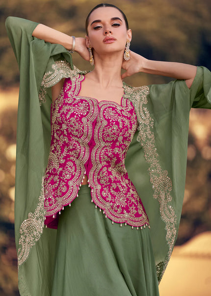 Green and Pink Embroidered Jacket Style Sharara Suit