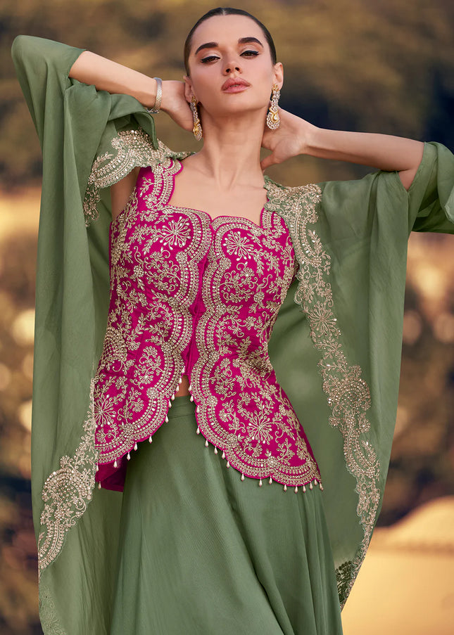 Green and Pink Embroidered Jacket Style Sharara Suit