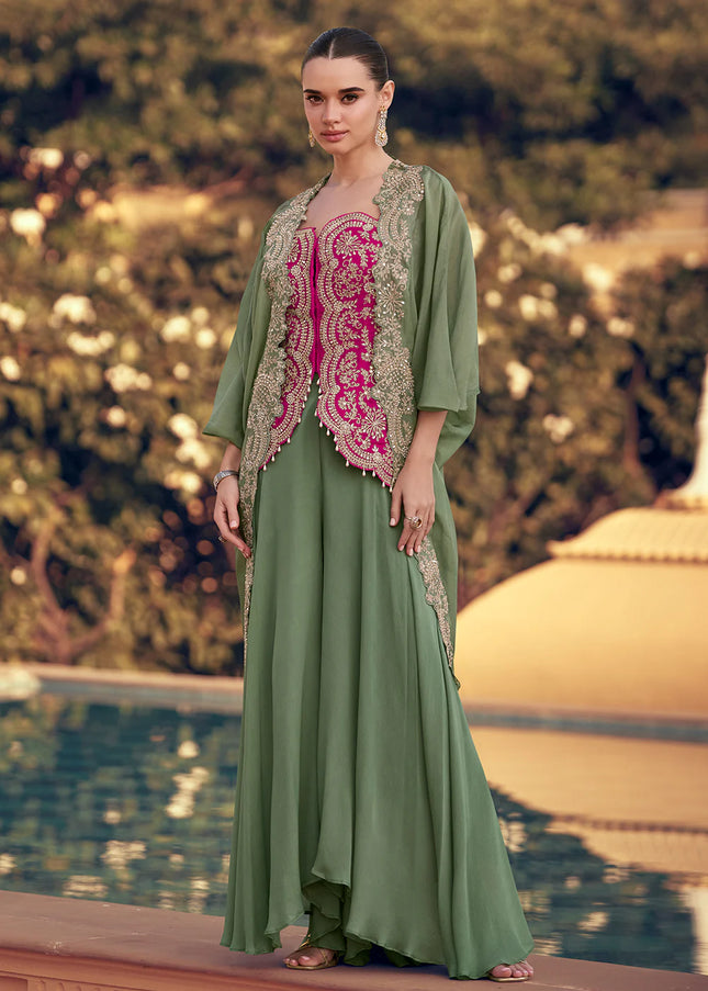 Green and Pink Embroidered Jacket Style Sharara Suit