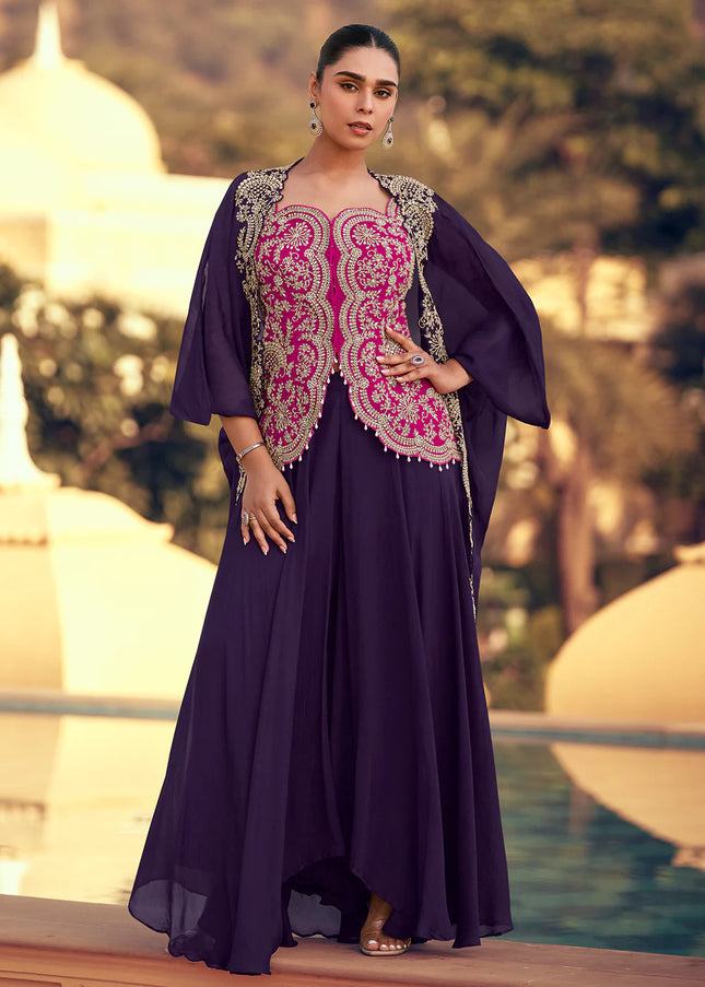 Purple and Pink Embroidered Jacket Style Sharara Suit
