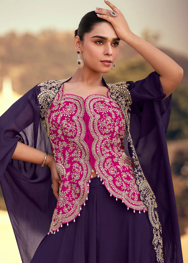 Purple and Pink Embroidered Jacket Style Sharara Suit