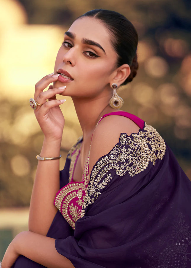 Purple and Pink Embroidered Jacket Style Sharara Suit