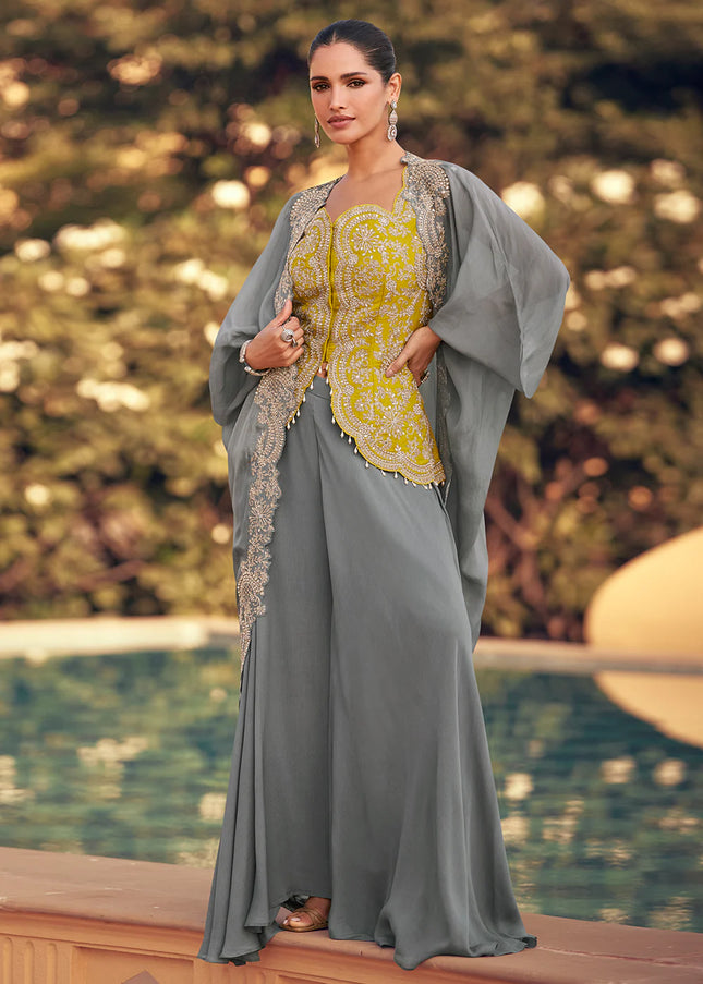 Grey and Yellow Embroidered Jacket Style Sharara Suit